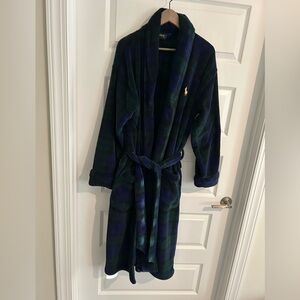 Polo Ralph Lauren Plaid Plush Bathrobe Green Blue One Size